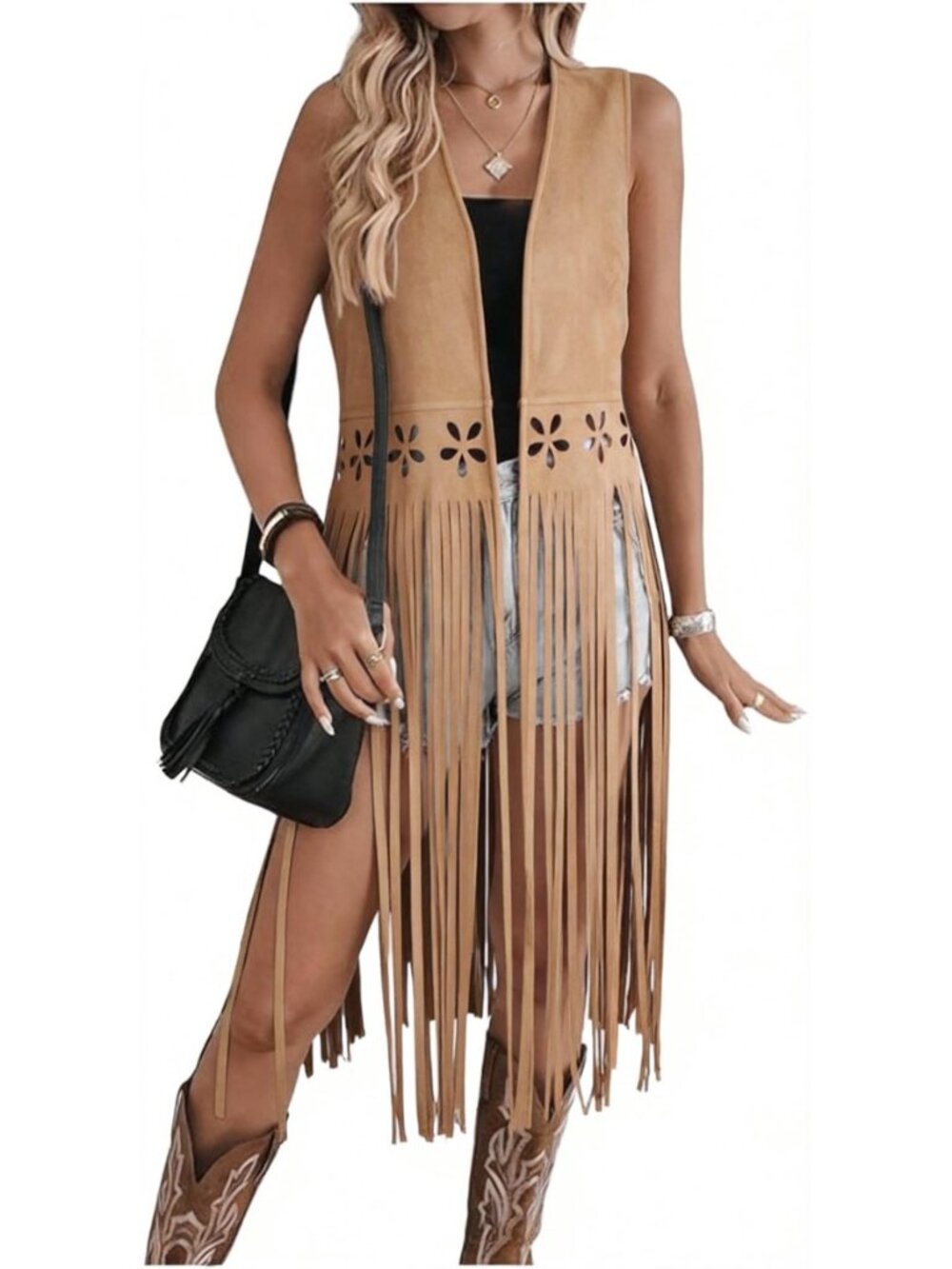 Women's Suede Fringe Vest, Long Boho Cowgirl Cutout Cardigan